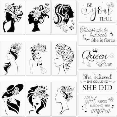14 Pieces Women Painting Stencil Floral Female Face Painting Inspirational Quote Stencil on Canvas Art Paper Stencil Reusable Craft Template for Home Wall Art Decor Painting on Wood Canvas Paper