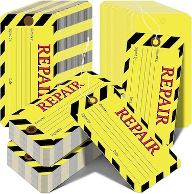 Amyhill 120 Pack Repair Tags Yellow Maintenance Required Tags with Wire Production Quality Control Tags with 8 Inch Attached Cotton String, 2.6 x 5.3 Inch