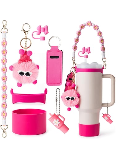 Stanley Cup Accessory Kit Including Water Bottle Handle Strap, Silicone Cup Sleeve, Lipstick Holder, Keychain Charms, Handle Charms, and Straw Topper Accessories for 40oz/30oz White Stanley Cup