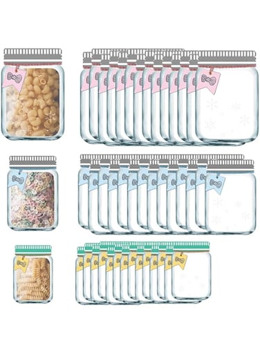 Excefore Mason Jar Ziplock Bags, 30Pcs Multi-Size Resuable Bottle Pattern Zipper Sealed Snacks Sandwich Bags, Airtight Food Storage Pouch for Kitchen Travel Camping Organizer and Kids
