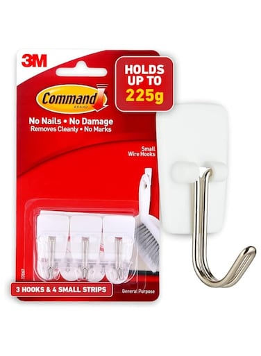 Command 3M , Small Wire Wall Hooks, Up to 225gms, Holds Strongly, Reusable, Adhesive hooks for wall, Multi-surface damage free hooks for hanging (White, 3hooks, 4 strips)