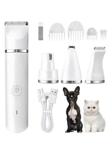 Bolivia's Electric Pet Hair Trimmer, Dog Clippers Grooming Kit, Multi-Functional Electric Dog Clippers, Low Noise Paw Trimmer, Rechargeable Cordless Quiet Nail Grinder Shaver for Cats (White)