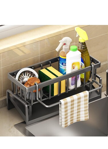 Kitchen Sink Caddy Sponge Holder with Dishcloth Drying Rack Kitchen Rag Stand Sponge Brush Soap Dish Dishcloth Rack Sink Storage Organizer for Kitchen Countertop Grey.