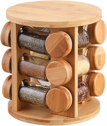 Spice Wooden Rack Organizer with Glass Jars & Bamboo Lid - 12 Jar 360° Rotating, Compact and Durable Kitchen Storage Solutions, 12 Jar Spice Cruet Set, Kitchen Counter Top Organizer. (12)