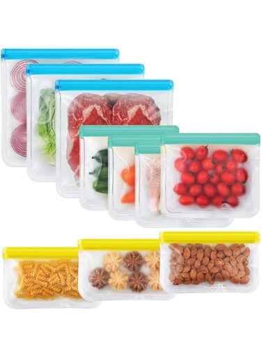 Azonee 10 Pack Reusable Silicone Bags, Leakproof Reusable Freezer Bags, BPA Free Reusable Food Storage Bags for Lunch Marinate Food Travel 3 Gallon 3 Snack 4 Sandwich Bags