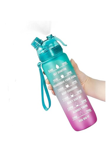 Tazweeq 32 oz. Motivation Water Bottle with Time Stamp, Spray Bottle with Spill Resistant, For Office, Gym, Running, Exercise, Outdoor Sports (Green and Purple Gradient)