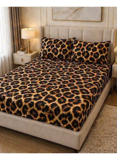 3-Piece Fitted Bedsheet Set, Leopard Print, 100% Cotton, 125 GSM, 1 Fitted Sheet + 2 Pillowcases &acirc;&euro;&ldquo; Available in King, Queen and Single Sizes