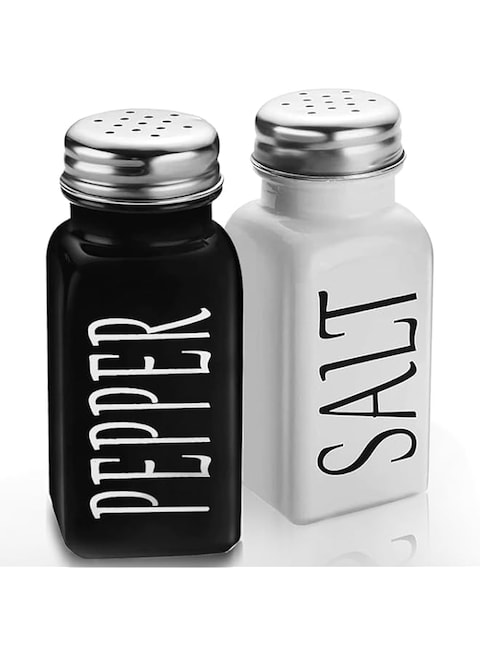 DWTS Farmhouse Salt and Pepper Shaker Set - Salt and Pepper Shakers Cute - Vintage Glass Black and White Shaker Set with Stainless Steel Lid - For Black and White Kitchen, Rae dunn Kitchen Decor