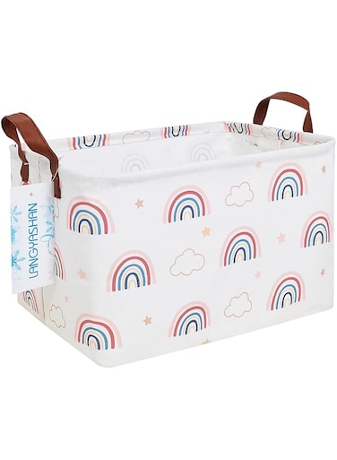 LANGYASHAN Rectangular Storage Bin Collapse Canvas Fabric Cartoon Storage Basket with Handles for Organizing Home Kitchen Boys and Girls Toys Office Closet Shelf Baskets(Rec Cloud Rainbow)
