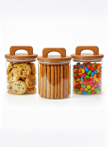 Set of 3 -800 ML Borosilicate Glass Food Storage Jar With Acacia Wood Lid For Storing Pasta, Nuts, Coffee, Snacks etc