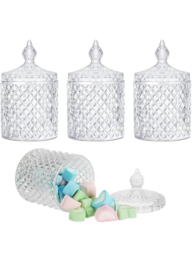KUKUMAJI 4pcs Crystal Transparent Jar with Lid, 300ml Glass Sugar Bowl Decorative Candy Jars,Clear Jar, Decorative Jar, Fruit Jar,Biscuit Barrel for Christmas Halloween Wedding Party (clear)