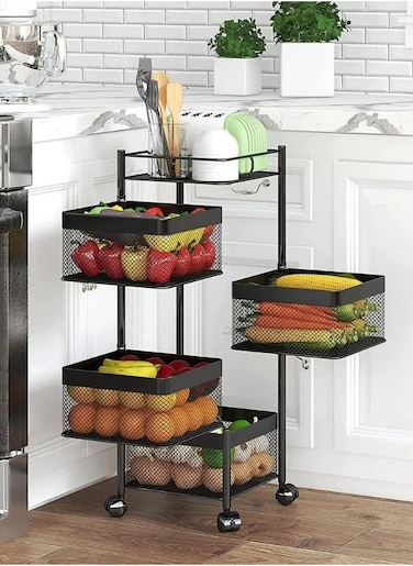4-Tier Rotating Storage Rack Multi-Layer Rotatable Square Storage Shelf Vegetable And Fruits Storage Organizer Household Shelf For Kitchen And Living Room Bathroom Space Saving Black Colour