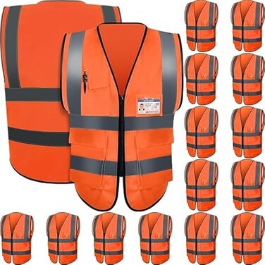 AUTO FAMILY High Visibility Safety Vests with Reflective Strips XXL&ndash; ANSI Compliant Workwear for Construction, Cycling &amp; Roadside Assistance (Orange - 15PCs)