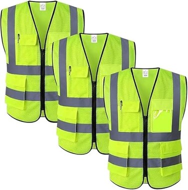 AUTO FAMILY High Visibility Safety Vests with Reflective Strips XXL&ndash; ANSI Compliant Workwear for Construction, Cycling &amp; Roadside Assistance (Net - Green - 3Pcs)