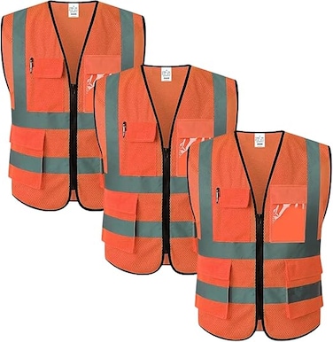 AUTO FAMILY High Visibility Safety Vests with Reflective Strips XXL&ndash; ANSI Compliant Workwear for Construction, Cycling &amp; Roadside Assistance (Net - Orange- 3Pcs)