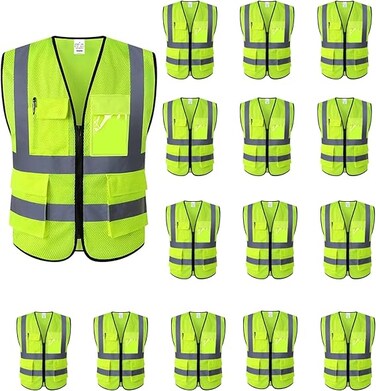 AUTO FAMILY High Visibility Safety Vests with Reflective Strips XXL&ndash; ANSI Compliant Workwear for Construction, Cycling &amp; Roadside Assistance (Net - Green - 15Pcs)