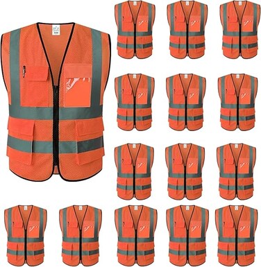 AUTO FAMILY High Visibility Safety Vests with Reflective Strips XXL&ndash; ANSI Compliant Workwear for Construction, Cycling &amp; Roadside Assistance (Net - Orange- 15Pcs)
