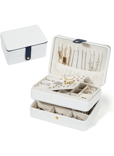 Excefore Travel Jewelry Organizer, Pu Leather Portable Jewelry Case for Women Girls, Small Double Layer Travel Jewelry Box for Stud Earrings, Rings, Necklaces, Bracelets, White