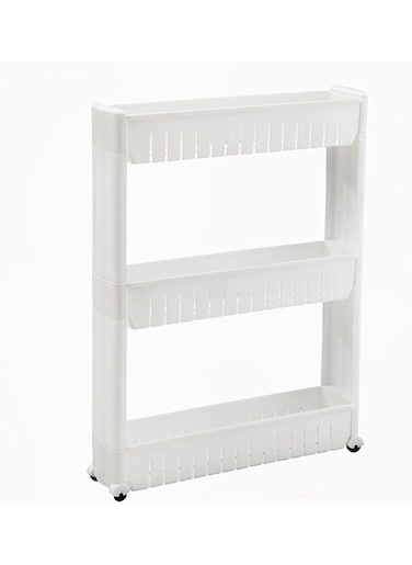 3-Tier Slim Slide Out Kitchen Trolley, Small Space Organizer Storage Rack with Pulleys, Moving Wall Cabinets Tower Holder Racks, White Plastic
