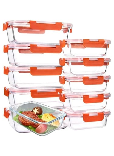 Glass Meal Prep Containers (10 pcs Rectangle) Glass Food Storage Containers with Lids, Glass Lunch Box Portion Control, Airtight Glass Bento Box Lunch Containers 10P Rectangle Red