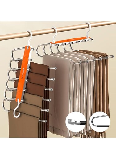 Space Saving Pants Hangers - 6 Tier Trouser Hangers Non-Slip Folding Rack, Rotating Hangers, Magic Closet Pants Organizer, 2 Modes for Hanging, for Pants, Jeans, Scarves and Clothes(2 Pack, Orange)