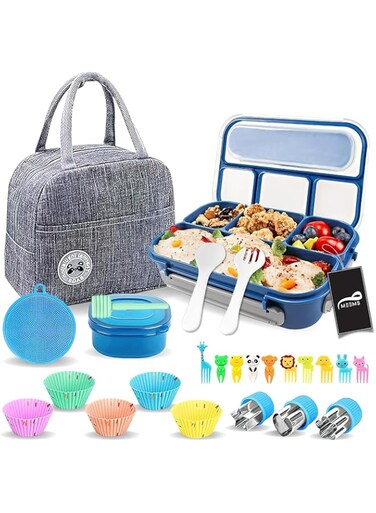 MEEMS 27Pcs Bento Box for Kids, 1300ML 4 Compartments Lunch Box Kit for Kids/Adult/Toddler, Durable Leak-proof Box with Spoon Fork Bag Accessories, Microwave Dishwasher Freezer Safe, BPA-Free (Blue)