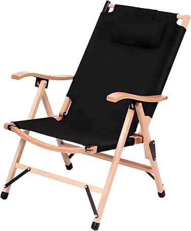 AUTO FAMILY Luxury Reclining Folding Camping Chair Black, Reclining Camping Chair, Foldable Outdoor Chair, Wooden Frame Lounge Chair (Black)