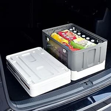 AUTO FAMILY Outdoor Camping Storage Box 50L, Foldable Plastic Storage Box with Lids, Storage Containers Stackable Plastic Bins For Home (Light Grey)