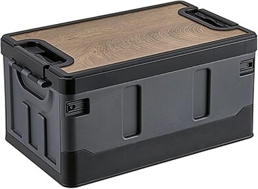 AUTO FAMILY Premium Camping Plastic Storage Box with Wooden Lids 35L, Storage Containers Stackable Plastic Bins For Home &amp; Office Organization, Folding Plastic Box with Lid (Grey - 35L)