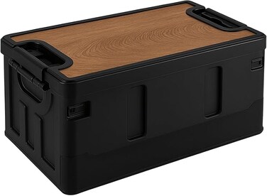 AUTO FAMILY Premium Camping Plastic Storage Box with Wooden Lids 35L, Storage Containers Stackable Plastic Bins For Home &amp; Office Organization, Folding Plastic Box with Lid (Black - 35L)