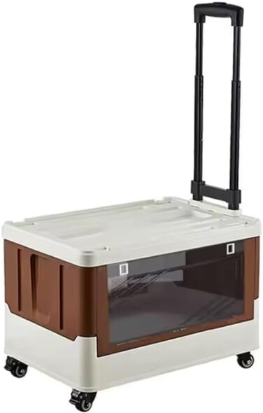 AUTO FAMILY Camping Trolley Plastic Storage Box with Lids 50L, Storage Containers Plastic Bins For Home &amp; Office Organization, Folding Plastic Box with Lid, Outdoor Storage Bin (Brown)