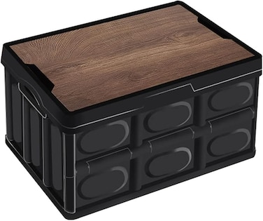 AUTO FAMILY Foldable Plastic Storage Box, Wooden Cover 55L, Thickened Outdoor Foldable Storage Box (Black - 55L)