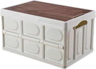 AUTO FAMILY Foldable Plastic Storage Box 30L, Wooden Cover, Thickened Outdoor Foldable Storage Box (White - 30L)
