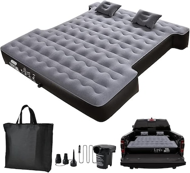 AUTO FAMILY Premium Inflatable Truck Bed Air Mattress with Pump, Pillows &amp; Carry Bag &ndash; Inflatable Bed, Built-In Pillows &amp; Durable PVC Base   Portable Travel Sleeping Mattress