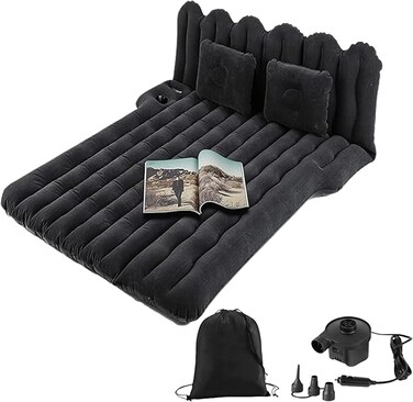 AUTO FAMILY Inflatable Car Air Mattress with Back Seat Support &amp; Pump Black&ndash; Ideal for Road Trips, Camping, and Travel Comfort (Black)