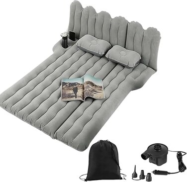 AUTO FAMILY Inflatable Car Air Mattress with Back Seat Support &amp; Pump Black&ndash; Ideal for Road Trips, Camping, and Travel Comfort (Grey)