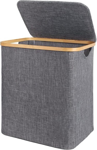 AUTO FAMILY Foldable Laundry Hamper with Lid &ndash; Bamboo Frame &amp; Fabric Liner, Clothes Storage Basket for Bedroom, Bathroom &amp; Laundry Room (Medium)