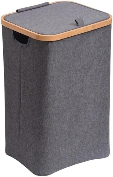 AUTO FAMILY Foldable Laundry Hamper with Lid &ndash; Bamboo Frame &amp; Fabric Liner, Clothes Storage Basket for Bedroom, Bathroom &amp; Laundry Room (Large)