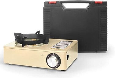 AUTO FAMILY Portable Camping Gas Stove with Carrying Case Beige &ndash; Single Burner Outdoor Camping Stove for Hiking, Tailgating, Emergency &amp; Travel Cooking (Beige)