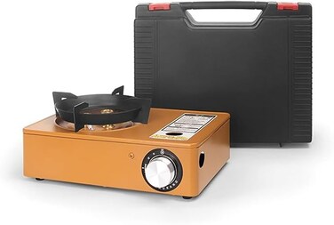 AUTO FAMILY Portable Camping Gas Stove with Carrying Case Brown &ndash; Single Burner Outdoor Camping Stove for Hiking, Tailgating, Emergency &amp; Travel Cooking (Brown)