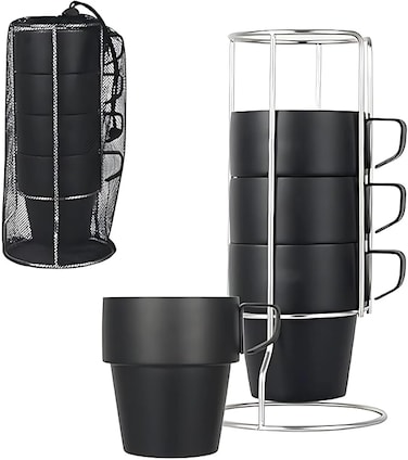 AUTO FAMILY Stackable Stainless Steel Coffee Mug Set with Rack and Mesh Carrying Bag &ndash; 4 Durable Matte Black Steel Cups with Space-Saving Metal Stand &ndash; Ideal for Home, Office (Black)