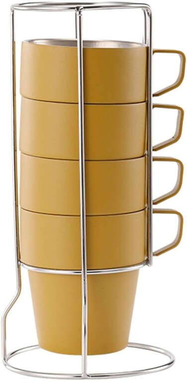 AUTO FAMILY Stackable Stainless Steel Coffee Mug Set with Rack and Mesh Carrying Bag &ndash; 4 Durable Matte Black Steel Cups with Space-Saving Metal Stand &ndash; Ideal for Home, Office (Yellow)