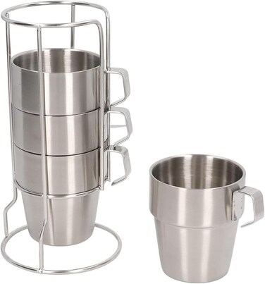 AUTO FAMILY Stackable Stainless Steel Coffee Mug Set with Rack and Mesh Carrying Bag &ndash; 4 Durable Matte Black Steel Cups with Space-Saving Metal Stand &ndash; Ideal for Home, Office (Silver)