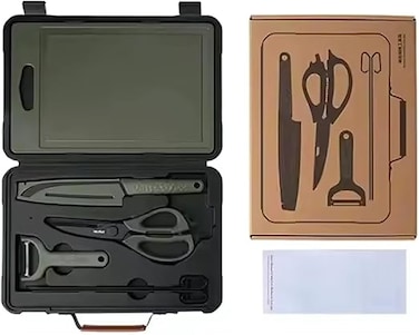 AUTO FAMILY 5-in-1 Premium Portable Kitchen Knife Set with Cutting Board &ndash; Multifunctional Outdoor Cooking Tool Kit with Chef Knife, Scissors, Peeler