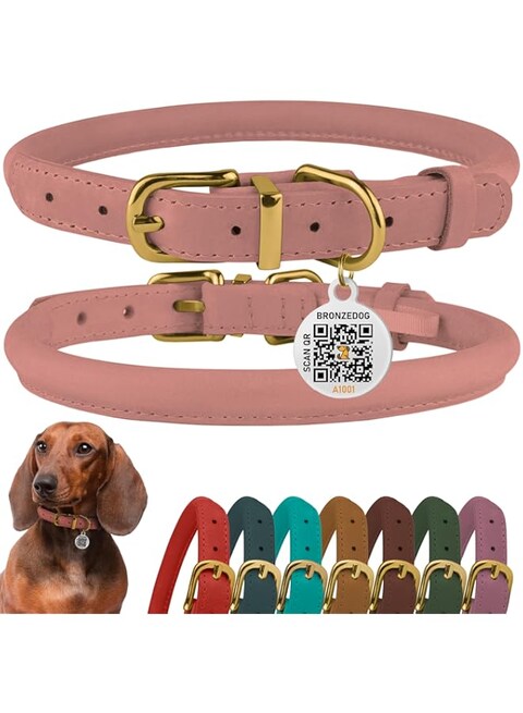 BronzeDog Rolled Leather Dog Collar with QR ID Tag, Adjustable Soft Round Collars for Small Medium Large Dogs Puppy (11&quot; - 14 1/15&quot; Neck Size, Blush)