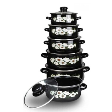 10-Piece Floral Enamel Casserole Cookware Set with Glass Lids - 5 Versatile Sizes, Black