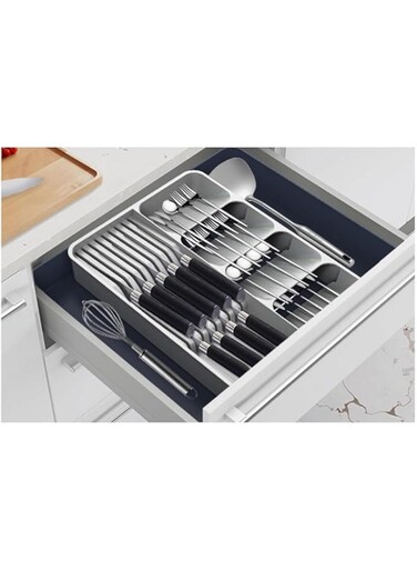 DESALOV Silverware Organizer for Kitchen Drawers, Expandable Utensil Tray with Removable Knife Block, Adjustable Cutlery and Flatware Holder, Plastic Spoon Forks Holder Storage Divider, Large, A