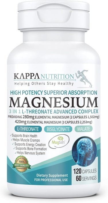 KAPPA NUTRITION Magnesium, L-Threonate (120 Capsules), 2,253mg Per Serving, Providing 420mg Elemental, Bisglycinate Chelate, Malate, for Brain, Sleep, Stress, Cramps, Headaches, Energy, Heart, from