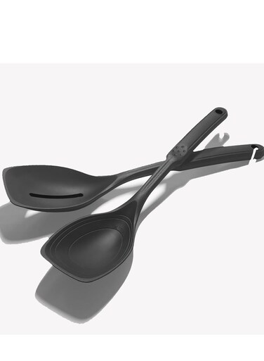 Non-Stick Cooking Spoon Set - 2 Pcs Black Slotted &amp; Solid Spoons with Deep Bowl for Kitchen Baking, Stirring, and Mixing Tools