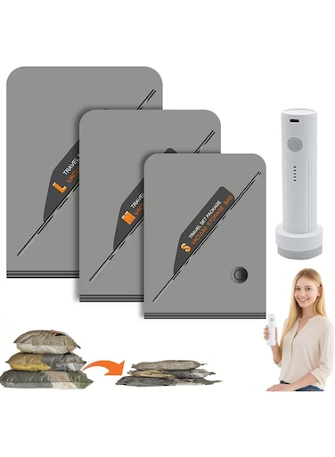 Vacuum Compression Storage Bags with USB-Rechargeable Electric Pump - Ultra - Compact, Lightweight Space-Savers,Cordless Travel Reusable (Rechargeable Pump + 3 Bags&iuml;&frac14;&circ;S+M+L&iuml;&frac14;&permil;)